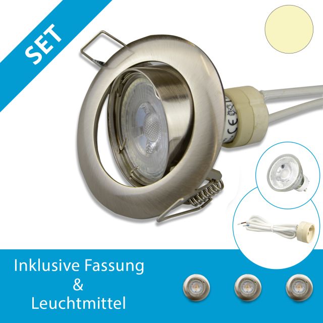 LED Einbaustrahler nickel, 3er SET, GU10 LED 5W, tauschbar, warmweiss, dimmbar