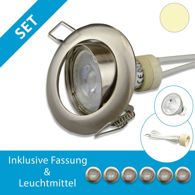 LED Einbaustrahler nickel, 6er SET, GU10 LED 5W, tauschbar, warmweiss, dimmbar