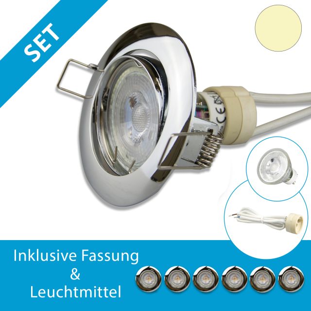 LED Einbaustrahler chrom, 6er SET, GU10 LED 5W, tauschbar, warmweiss, dimmbar