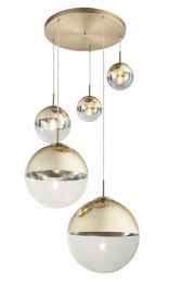 VARUS Hängeleuchte Metall goldfarben, Glas transparent goldfarben, 5 Kugeln mit DM: 2x15-20-25-35 cm
