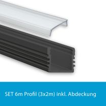 Profi LED SET 6M (3x2M) Aufbauprofil Midi 12 schwarz inkl. klarer Abdeckung