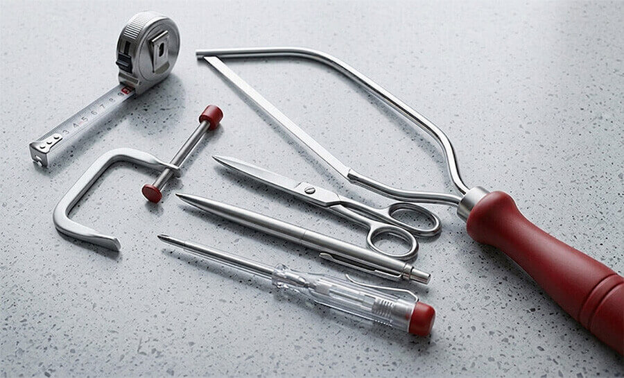 Klappmeter oder Bandmaß, Schraubendreher, Metallsäge, Kleine Schraubklemme, Stift zum Anzeichnen